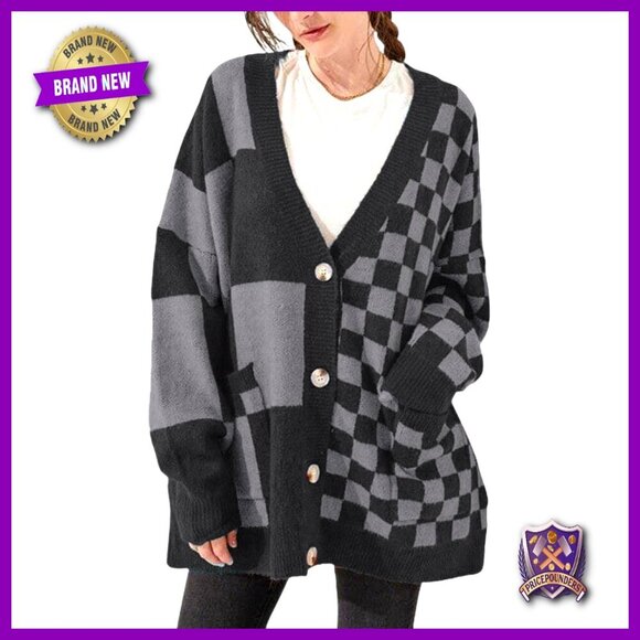 Sweaters - Oversized Slouchy Checkered Cardigan Open Front Knit Sweater Coat Y2K Chic